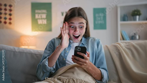 Excitement fills a young woman as she checks her smartphone, reacting with joy and surprise