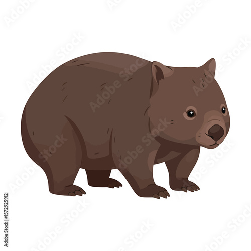 A relaxed cartoon wombat stands calmly, its brown fur and unique features showcased against a simple white background