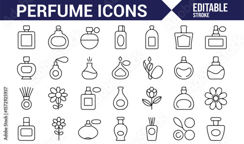 Set of Beauty Icons for Perfume Bottles, Scented Flowers, and Aromatherapy