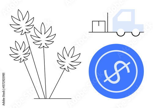 Cannabis plants alongside delivery truck and dollar icon, symbolizing cultivation, trade, logistics, and economics. Ideal for agriculture, commerce, distribution, finance business cannabis