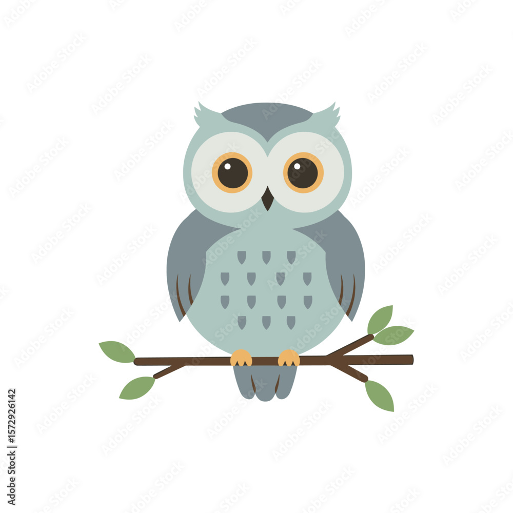Fototapeta premium A charming cartoon owl perches gently on a branch, surrounded by lush green leaves, creating a serene forest scene