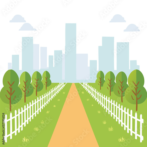 Green park pathway leading to city skyline with trees and clouds white fence