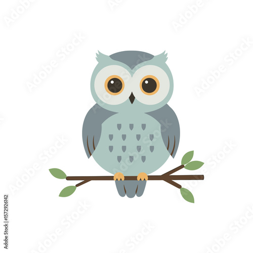 A charming cartoon owl perches gently on a branch, surrounded by lush green leaves, creating a serene forest scene