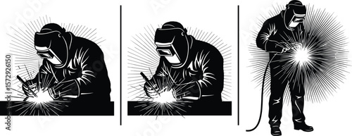 Dynamic Welder Silhouettes: Illustrating Intense Sparks and Protective Gear During Metal Fabrication, Perfect for Industrial, Construction, and Skilled Trades Concepts.