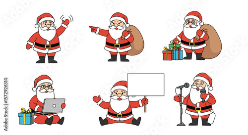 Festive santa claus character collection spreading holiday cheer with gifts and music