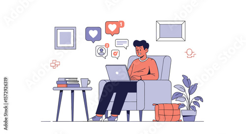 A young man works comfortably on his laptop in a cozy armchair surrounded by digital notifications
