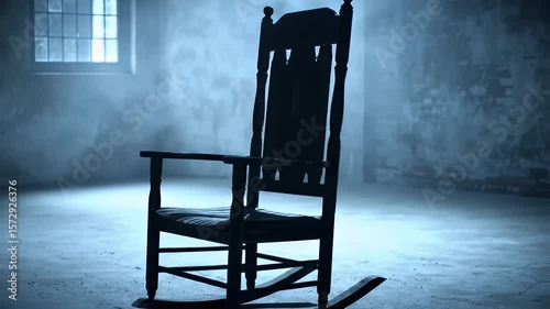 Dark Silhouette of Rocking Chair in Empty Room with Window and Foggy Atmosphere