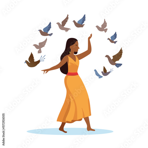 Woman dancing with flock of birds flying