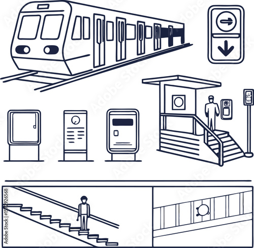 Minimalist design presents a subway train and elements representing urban transport systems.