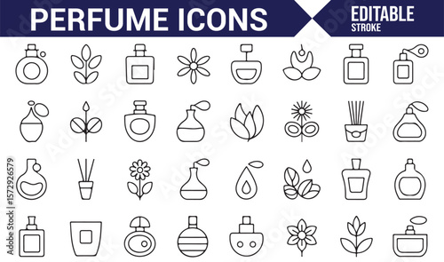 Set of Perfume and Fragrance Icons for Bottles, Aromatherapy, and Beauty Symbols