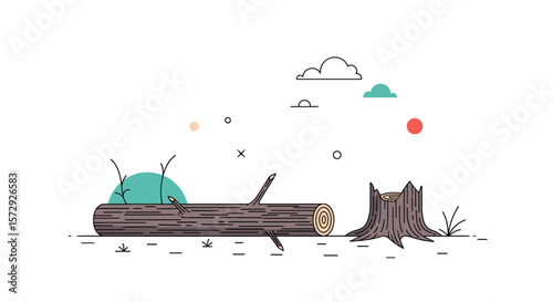 A fallen log with green leaves and a tree stump in a whimsical forest landscape