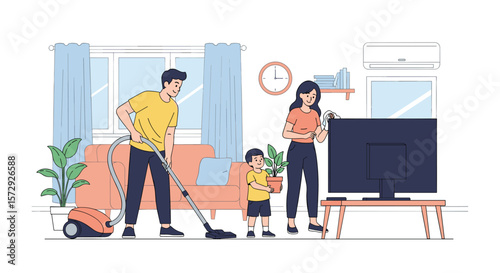 A father vacuuming the living room while his family watches television together