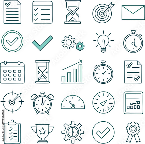 Project management elements combine in an icon set focused on productivity and efficiency