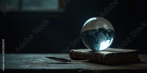 A celestial sphere rests on an antique book, accompanied by a quill pen, a scene evocative of exploration and knowledge.