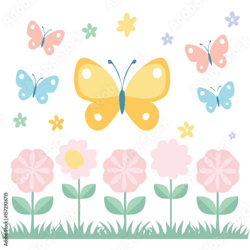 Yellow blue and pink butterflies with flowers and grass vector