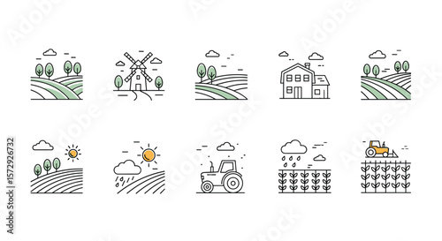 Illustrative icons representing farming agriculture and rural countryside life scenes