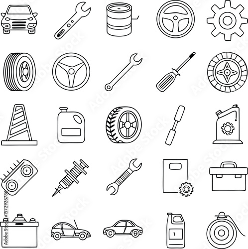 Automotive repair elements showcase a collection of car parts and tools in outline style for mechanics.