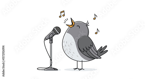 Adorable cartoon bird sings its heart out into a microphone with musical notes floating around