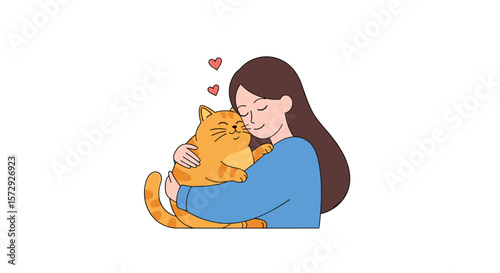 A young woman gently embraces her orange tabby cat showering it with affection and love