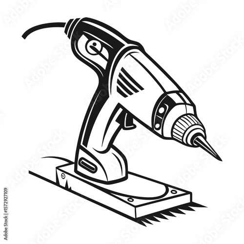 Detailed Black and White Illustration of a Corded Electric Caulking Gun