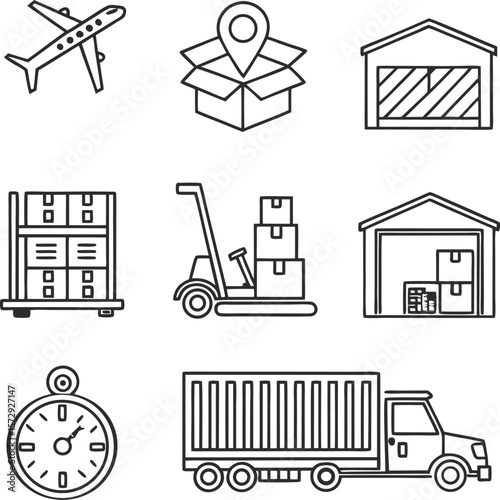 Modern line art graphic for logistics, delivery, and transportation services using airplane, truck and packages.