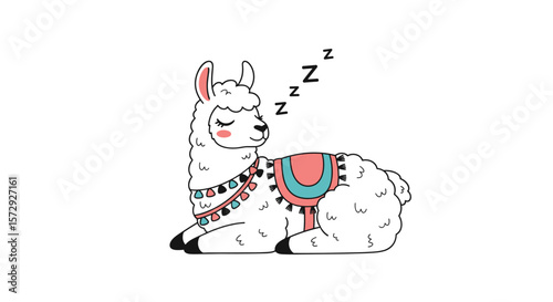 Adorable sleeping llama wearing colorful blanket and beaded neck decoration