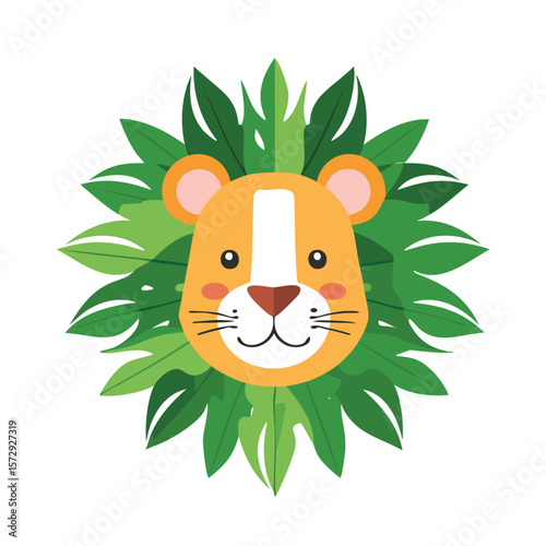Cute lion with green leaves
