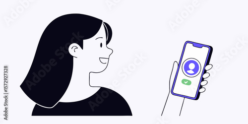 A young woman interacts with a phone, confirming a connection or profile in a modern, flat, minimal graphic suitable for app design.