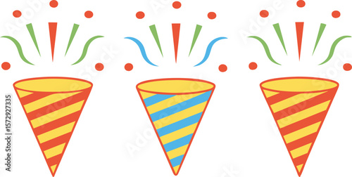 Three festive party poppers exploding with colorful confetti and streamers against a clean white background
