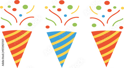Three festive party poppers exploding with colorful confetti and streamers against a clean white background