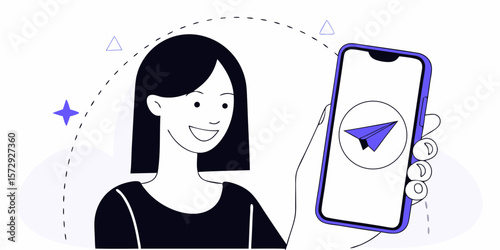 Cheerful woman holds smartphone with paper airplane icon, suitable for communication, business, or social media marketing concepts.