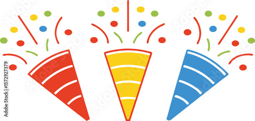 Three festive party poppers exploding with colorful confetti and streamers against a clean white background