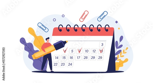 Man marking calendar dates with pen for important events and appointments planning