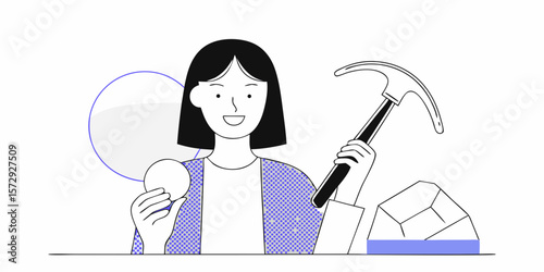 Woman mining with pickaxe discovering a gem, creative exploration graphic for design, branding, or crafting projects and entrepreneurial ventures