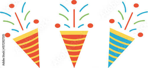 Three festive party poppers exploding with colorful confetti and streamers against a clean white background