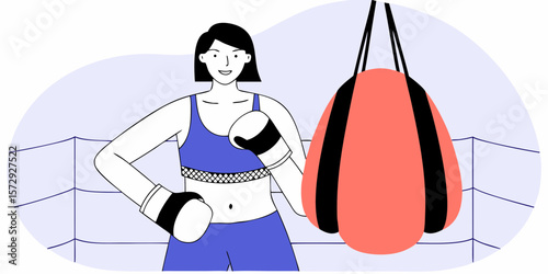 Confident female boxer in a ring with a punching bag ready for fitness training and a strong workout session.