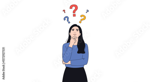 A woman thinking with question marks floating above her head contemplating a difficult choice or problem