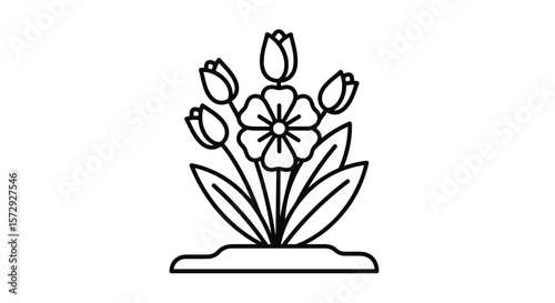 A delicate botanical illustration featuring a central flower surrounded by tulips and leaves