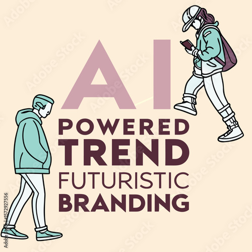 Illustration of two people walking with ai powered trend futuristic branding text on a beige background