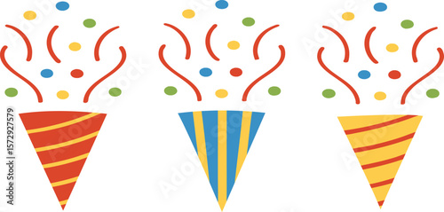Three festive party poppers exploding with colorful confetti and streamers against a clean white background