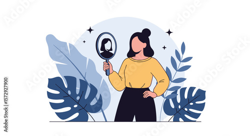 A woman gazes into a mirror reflecting her image with confident aura surrounded by lush leaves and stars