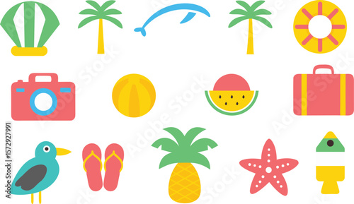 Collection of flat design summer vacation icons featuring beach and tropical elements