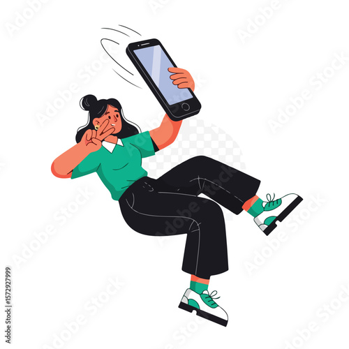 vector of a woman taking a selfie pose as if she were falling and floating