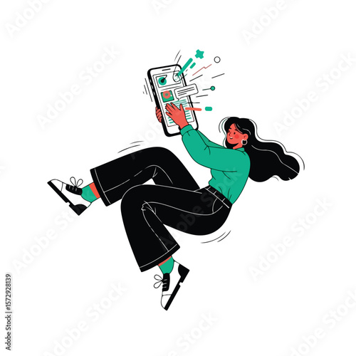 vector of an energetic woman showing her smartphone menu