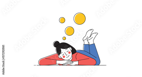 Young woman lying down thinking with yellow bubbles above her head