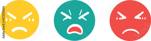 Three angry emoji icons in yellow teal and red on a white background