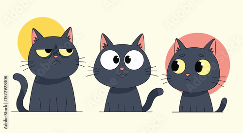 Three adorable feline friends displaying various amusing expressions and emotions with circles behind their heads