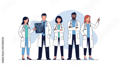 Diverse group of medical professionals standing together in a modern healthcare setting