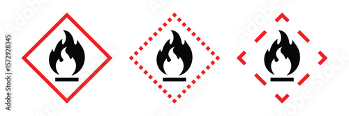 Flammable materials warning sign. Flammable substances icons set vector .
