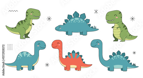 Cute cartoon dinosaurs enjoying a sunny day with fun geometric patterns